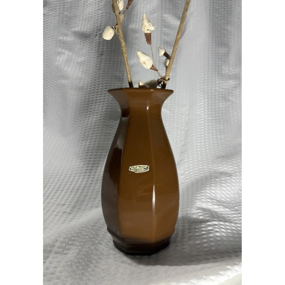 Royal Haeger Brown Hexagonal Ceramic Vase Glossy Mid Century Modern Decor 705-S